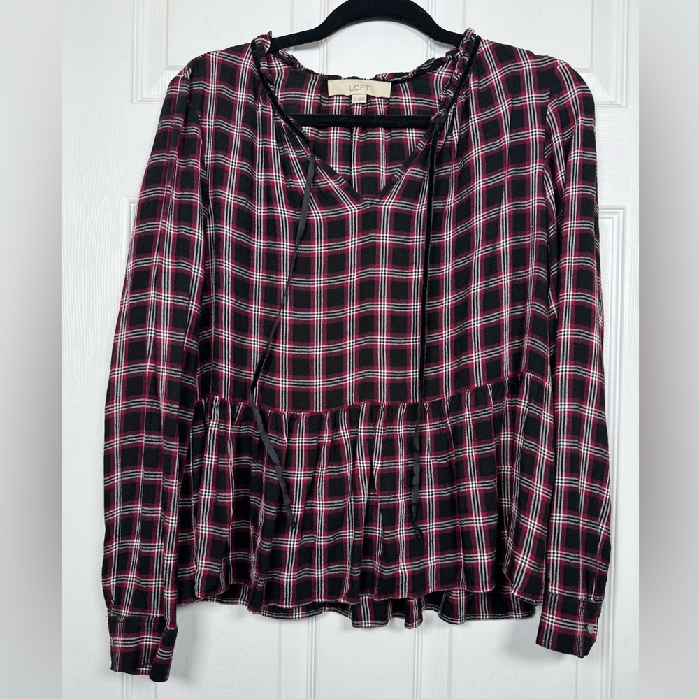 LOFT Plaid Peplum Blouse Small Red Black Tie Neck Long Sleeve